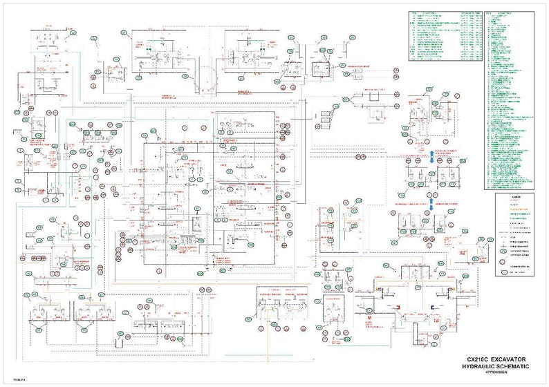 May include: A detailed hydraulic schematic for a CX210C excavator, featuring a complex network of lines, circles, and symbols in black, red, and blue on a white background. The diagram includes text and labels, with a legend on the right side. The title "CX210C EXCAVATOR HYDRAULIC SCHEMATIC" is visible.