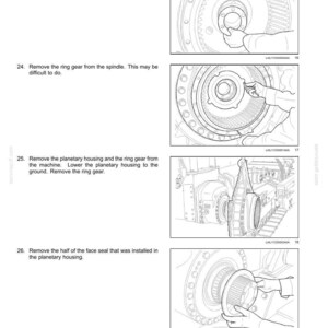 Puede incluir: Diagramas t&eacute;cnicos de un manual que detalla el sistema del eje trasero, los planetarios y los accionamientos finales. Las im&aacute;genes muestran los pasos para quitar componentes como calzas, coronas dentadas y sellos. El texto incluye instrucciones y n&uacute;meros de pieza.