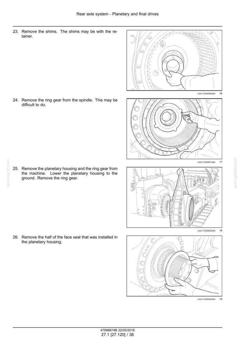 Puede incluir: Diagramas t&eacute;cnicos de un manual que detalla el sistema del eje trasero, los planetarios y los accionamientos finales. Las im&aacute;genes muestran los pasos para quitar componentes como calzas, coronas dentadas y sellos. El texto incluye instrucciones y n&uacute;meros de pieza.