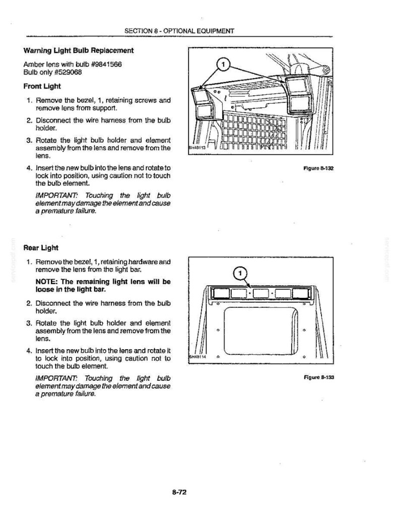 Peut inclure: Une page de manuel technique intitul&eacute;e Section 8 - Optional Equipment, d&eacute;taillant le remplacement des ampoules des feux d'avertissement. Elle inclut des instructions pour les feux avant et arri&egrave;re, les r&eacute;f&eacute;rences 9841566 et 529068, et deux sch&eacute;mas.