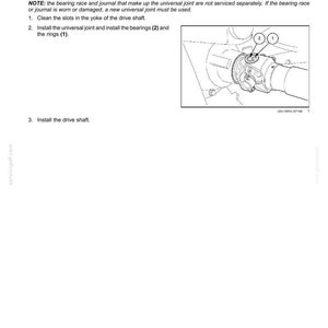 May include: Diagram of a drive shaft universal joint assembly. The image includes instructions for installing the universal joint, bearings, and rings. Text includes notes about the 921G Series machines and bearing replacement.