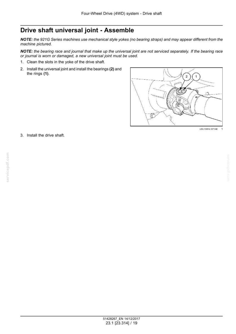 May include: Diagram of a drive shaft universal joint assembly. The image includes instructions for installing the universal joint, bearings, and rings. Text includes notes about the 921G Series machines and bearing replacement.