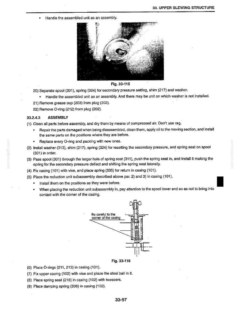 May include: Technical diagram from a manual showing the assembly of a mechanical component. The image includes detailed illustrations, part numbers, and assembly instructions. The diagram is labeled with the title "33. UPPER SLEWING STRUCTURE".