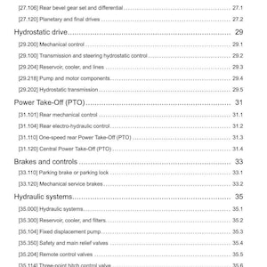 May include: A detailed technical document with a white background, listing various mechanical and hydraulic systems, including rear axle, hydrostatic drive, and power take-off components. The document includes section numbers and descriptions.