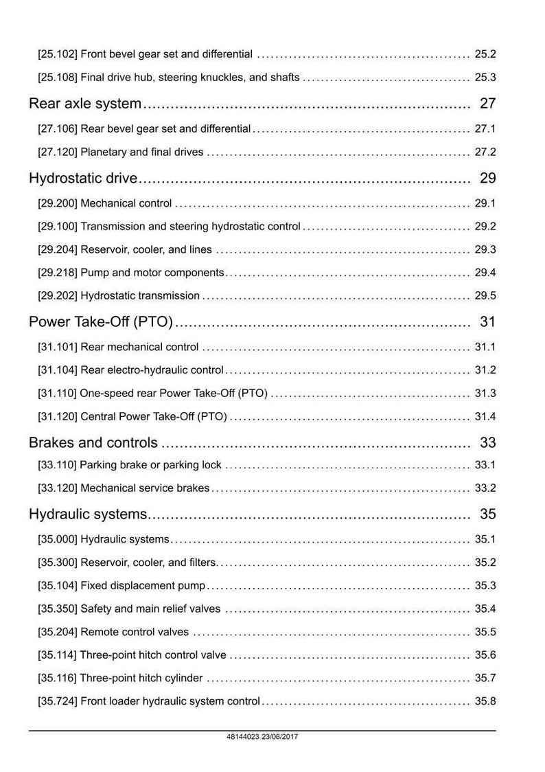 May include: A detailed technical document with a white background, listing various mechanical and hydraulic systems, including rear axle, hydrostatic drive, and power take-off components. The document includes section numbers and descriptions.