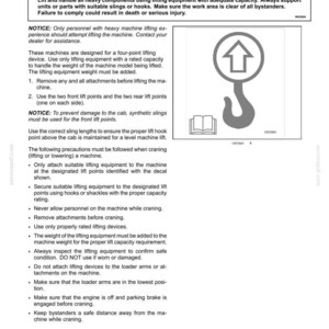Puede incluir: Una p&aacute;gina de manual con instrucciones de seguridad para levantar una m&aacute;quina. La p&aacute;gina incluye un s&iacute;mbolo de advertencia, un diagrama de gancho y texto sobre los procedimientos de elevaci&oacute;n y precauciones de seguridad.