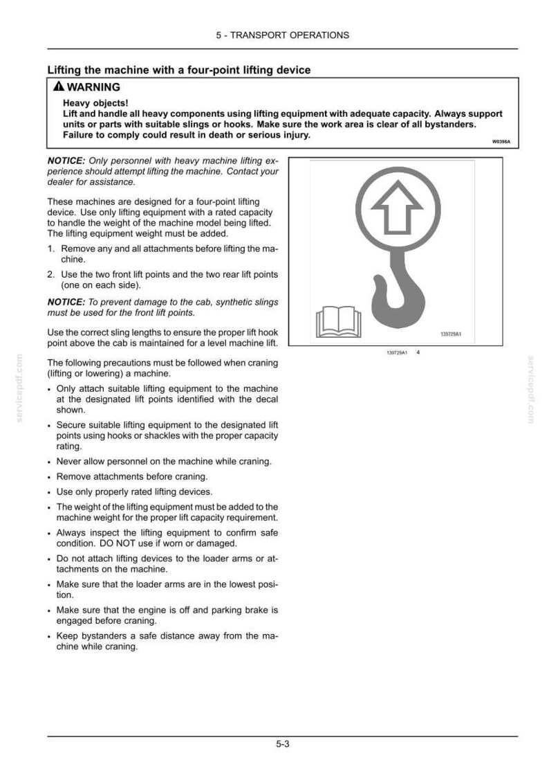Puede incluir: Una p&aacute;gina de manual con instrucciones de seguridad para levantar una m&aacute;quina. La p&aacute;gina incluye un s&iacute;mbolo de advertencia, un diagrama de gancho y texto sobre los procedimientos de elevaci&oacute;n y precauciones de seguridad.