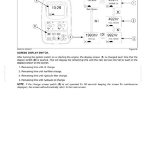 May include: A technical diagram titled CHAPTER 3 - INSTRUMENTS AND CONTROLS showing a screen change switch and display screen. It illustrates how to cycle through maintenance intervals for engine oil, fuel filter, hydraulic filter, and hydraulic oil.