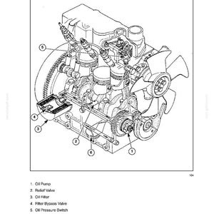 May include: A technical line drawing of an engine system labeled SECTION 10 - ENGINE SYSTEMS - CHAPTER 1. The diagram shows components including an oil pump, relief valve, oil filter, filter bypass valve, oil pressure switch, and suction strainer.