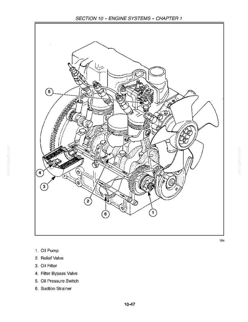 May include: A technical line drawing of an engine system labeled SECTION 10 - ENGINE SYSTEMS - CHAPTER 1. The diagram shows components including an oil pump, relief valve, oil filter, filter bypass valve, oil pressure switch, and suction strainer.