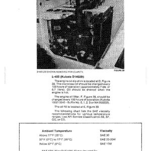 May include: A black and white technical diagram of a Kubota D1402B engine with labels D, E, F, and G. The text includes maintenance instructions for oil changes, filter replacement, and a viscosity chart for ambient temperatures in Fahrenheit and Celsius.