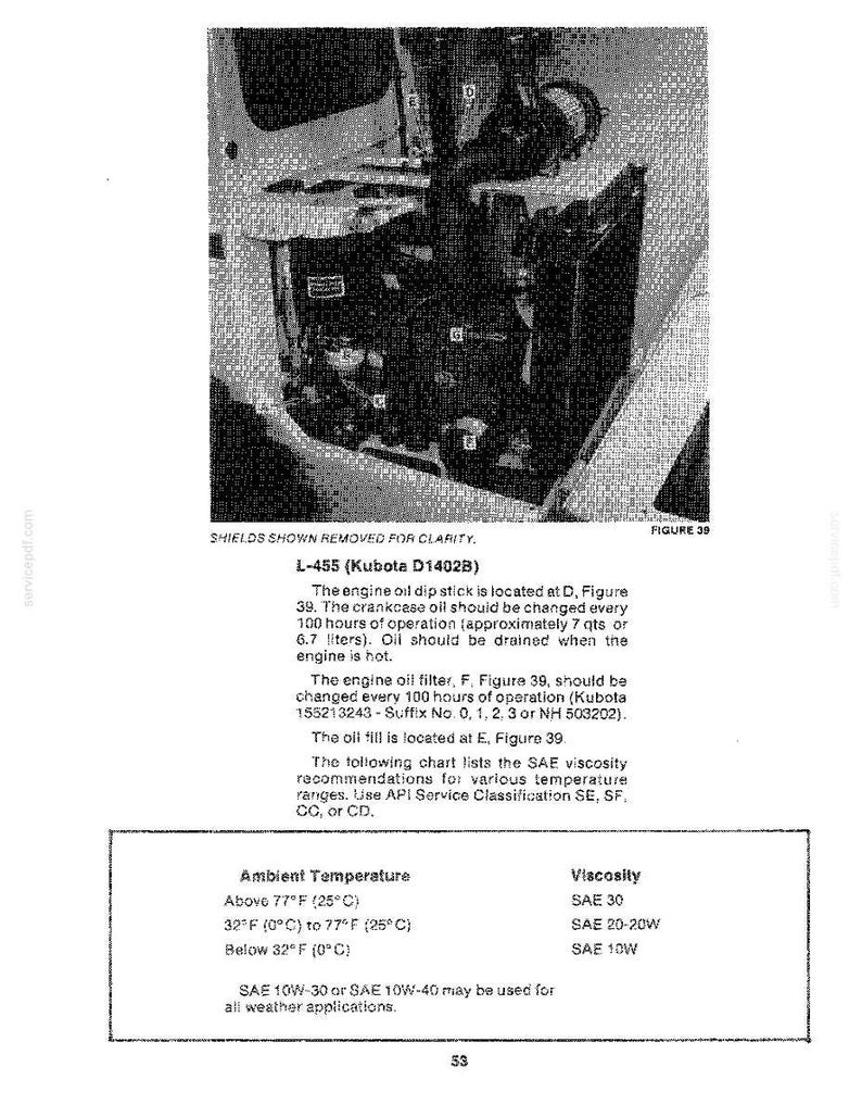 May include: A black and white technical diagram of a Kubota D1402B engine with labels D, E, F, and G. The text includes maintenance instructions for oil changes, filter replacement, and a viscosity chart for ambient temperatures in Fahrenheit and Celsius.