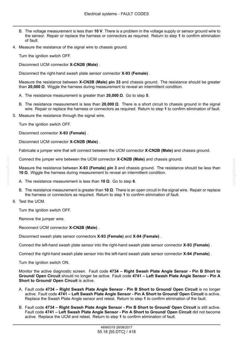 May include: A document titled "Electrical systems - FAULT CODES" with troubleshooting steps for automotive electrical issues. Includes instructions for measuring resistance, disconnecting connectors, and fault code analysis. Contains technical diagrams and text.