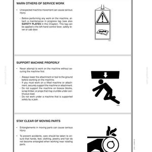 May include: A white document with the title "SAFETY PRECAUTIONS" and safety warnings. The document includes illustrations of potential hazards and instructions for safe operation, such as avoiding moving parts and securing machinery.