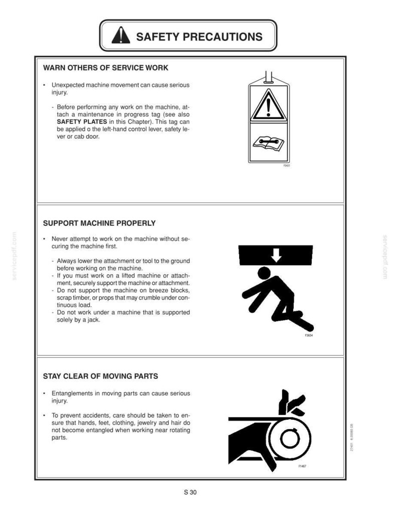 May include: A white document with the title "SAFETY PRECAUTIONS" and safety warnings. The document includes illustrations of potential hazards and instructions for safe operation, such as avoiding moving parts and securing machinery.