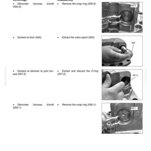 Puede incluir: Un diagrama t&eacute;cnico con instrucciones para reemplazar un componente hidr&aacute;ulico. La imagen incluye texto en ingl&eacute;s y franc&eacute;s, junto con ilustraciones detalladas del proceso de desmontaje, incluida la extracci&oacute;n de anillos de seguridad y juntas t&oacute;ricas.