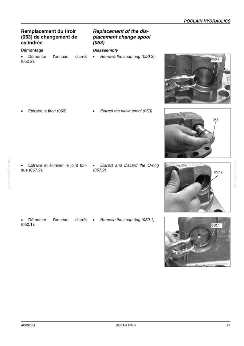 Puede incluir: Un diagrama t&eacute;cnico con instrucciones para reemplazar un componente hidr&aacute;ulico. La imagen incluye texto en ingl&eacute;s y franc&eacute;s, junto con ilustraciones detalladas del proceso de desmontaje, incluida la extracci&oacute;n de anillos de seguridad y juntas t&oacute;ricas.