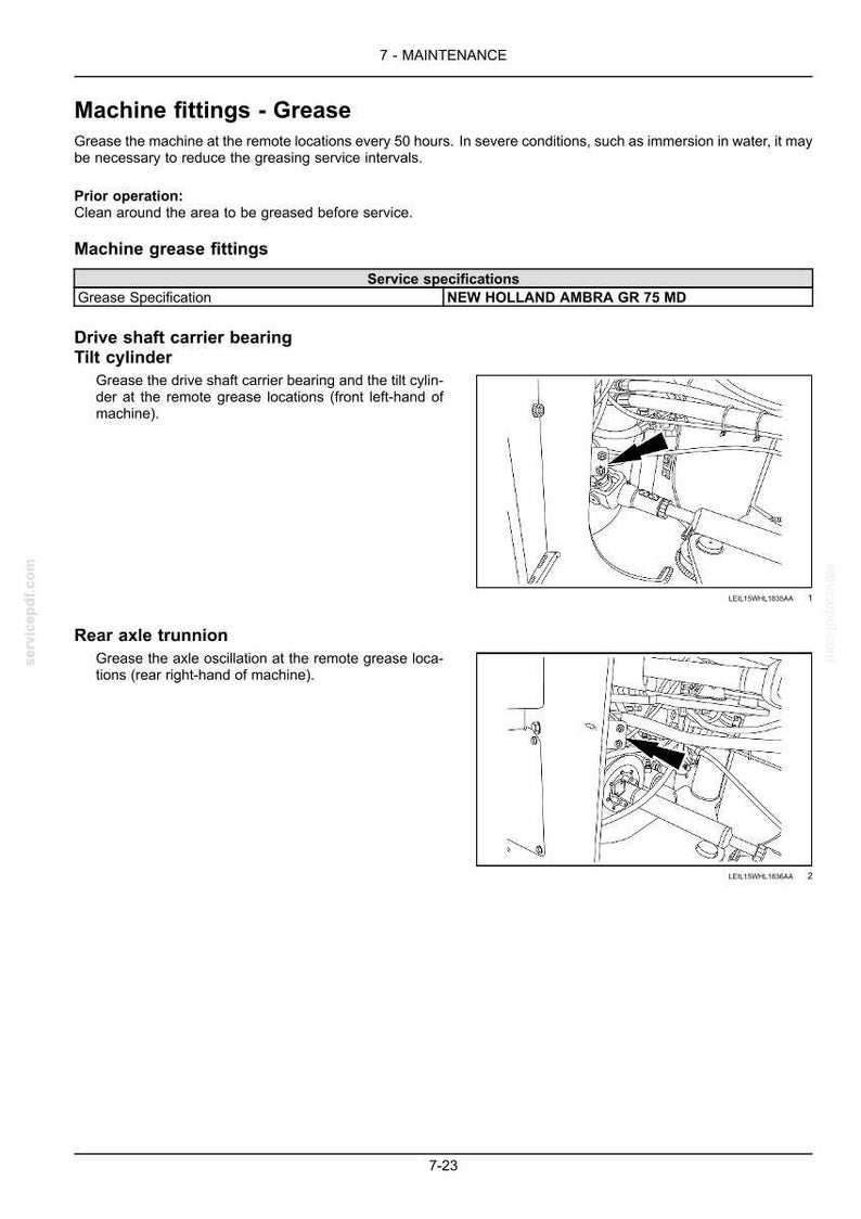 May include: A technical manual page titled Machine fittings - Grease, detailing maintenance for drive shaft carrier bearings, tilt cylinders, and rear axle trunnions. It includes diagrams with arrows pointing to grease points and specifies New Holland Ambra GR 75 MD grease.
