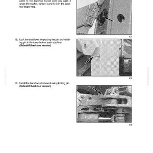 May include: Page from an operating manual with three images illustrating steps for backhoe operation. Text includes instructions for attaching cables, locking stabilizers, and installing a swing locking pin. The page is titled "SECTION 5 - OPERATING INSTRUCTIONS."