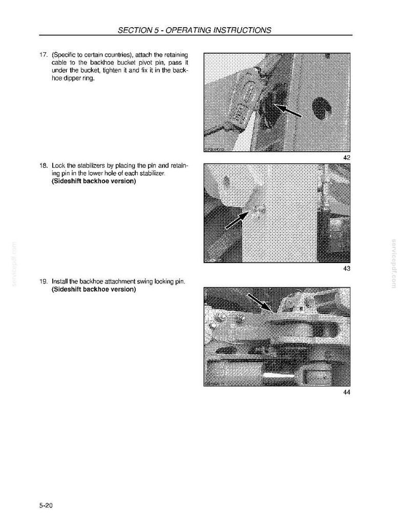 May include: Page from an operating manual with three images illustrating steps for backhoe operation. Text includes instructions for attaching cables, locking stabilizers, and installing a swing locking pin. The page is titled "SECTION 5 - OPERATING INSTRUCTIONS."
