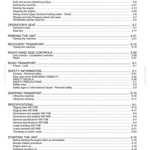 Op de afbeelding: Een zwart-witte inhoudsopgavepagina uit een technisch handboek voor zware machines. De tekst bevat operationele secties zoals brandstofniveaus, stoelinstellingen, veiligheidsinformatie, transportprocedures en specificaties voor de WE170B en WE190B modellen.