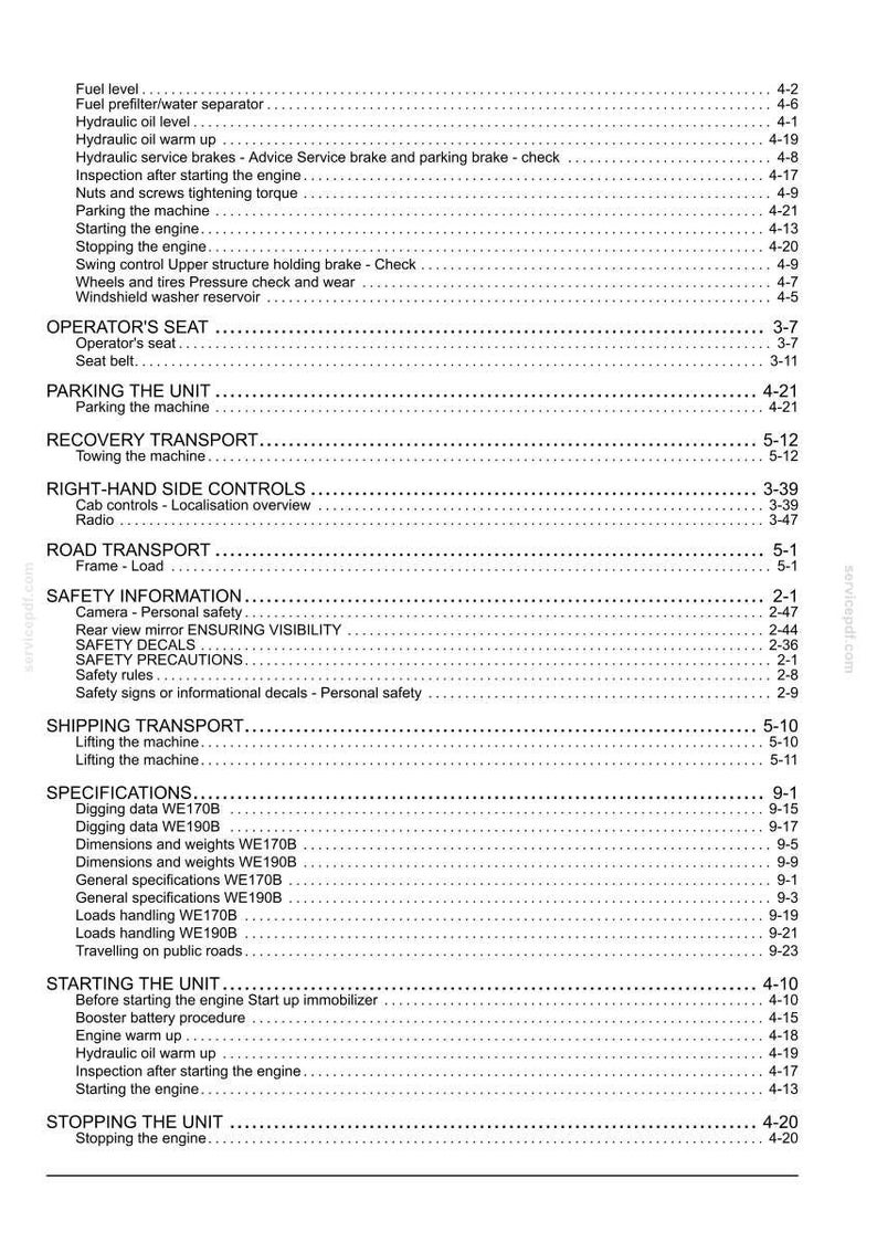 Op de afbeelding: Een zwart-witte inhoudsopgavepagina uit een technisch handboek voor zware machines. De tekst bevat operationele secties zoals brandstofniveaus, stoelinstellingen, veiligheidsinformatie, transportprocedures en specificaties voor de WE170B en WE190B modellen.