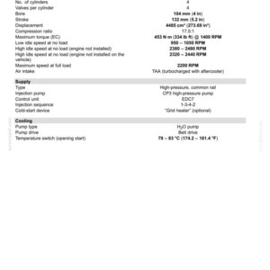 May include: A technical specification document for a 72 kW (98 Hp) diesel engine, model F4HE0484G*J102. It lists details including 4 cylinders, 104 mm (4 in) bore, 132 mm (5.2 in) stroke, 4485 cm&sup3; (273.69 in&sup3;) displacement, and 453 N&middot;m (334 lb ft) torque.