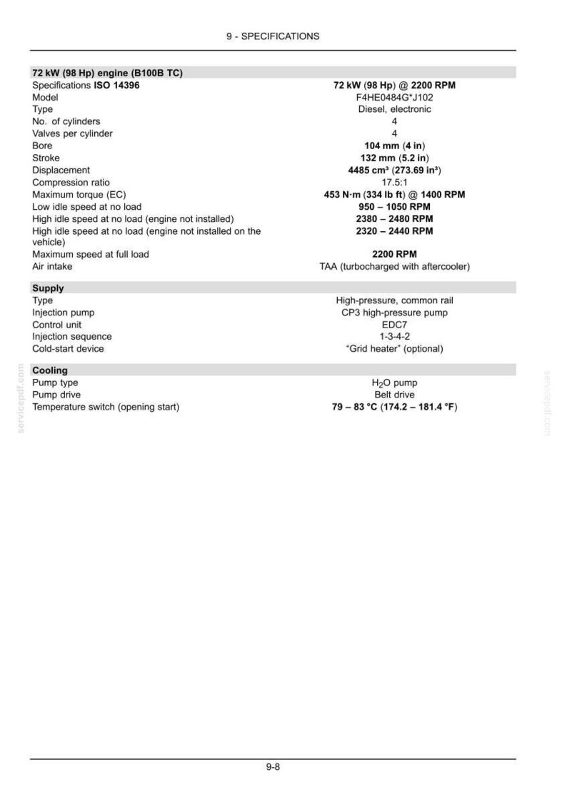 May include: A technical specification document for a 72 kW (98 Hp) diesel engine, model F4HE0484G*J102. It lists details including 4 cylinders, 104 mm (4 in) bore, 132 mm (5.2 in) stroke, 4485 cm&sup3; (273.69 in&sup3;) displacement, and 453 N&middot;m (334 lb ft) torque.