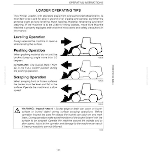May include: A page from a manual with the title "LOADER OPERATING TIPS". It includes instructions for leveling, pushing, and scraping operations with diagrams of a wheel loader. A warning about impact hazards is also present.