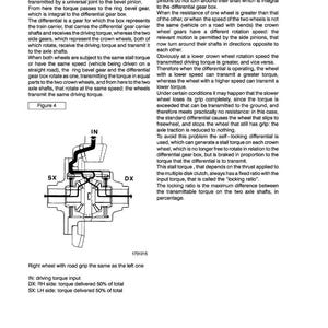 May include: Diagram of a front axle differential gear box with labels. The diagram shows the internal components of the differential, including the ring bevel gear, crown wheels, and axle shafts. Text explains the function of each part.