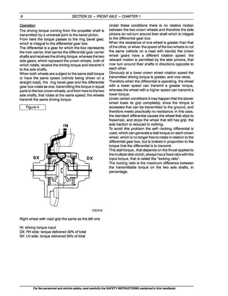 May include: Diagram of a front axle differential gear box with labels. The diagram shows the internal components of the differential, including the ring bevel gear, crown wheels, and axle shafts. Text explains the function of each part.