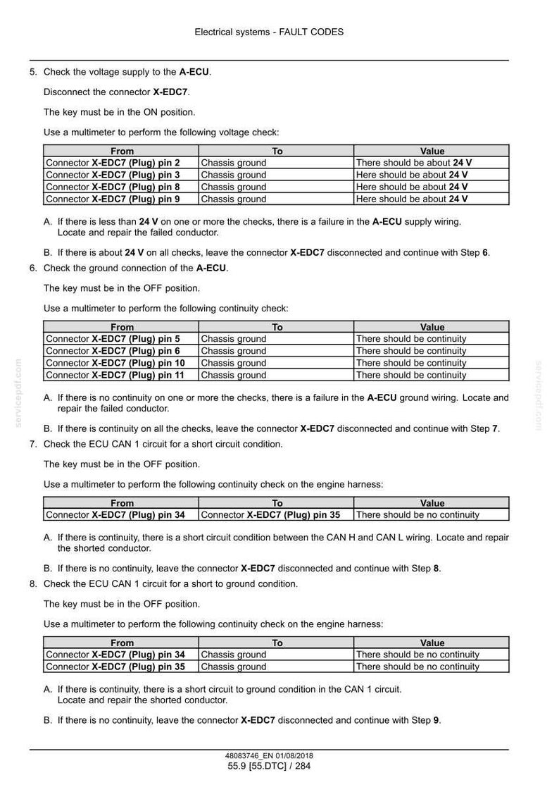 May include: A technical document showing electrical system fault codes, with instructions for checking voltage and continuity in the A-ECU. It details how to use a multimeter to test connector X-EDC7, with expected values.