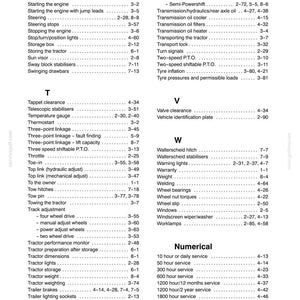 May include: A black and white index page from a technical manual, labeled Section 10, listing alphabetical entries from Speedometer to 1800 hour service. The text is organized in columns with corresponding page numbers for tractor maintenance.
