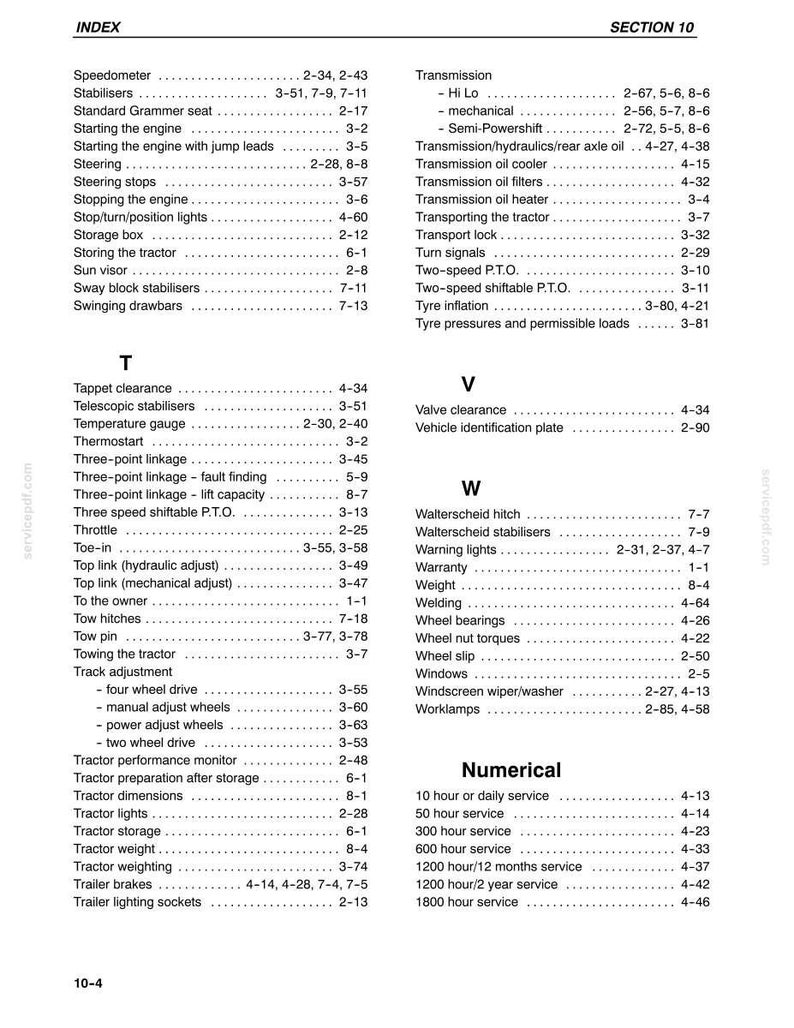 May include: A black and white index page from a technical manual, labeled Section 10, listing alphabetical entries from Speedometer to 1800 hour service. The text is organized in columns with corresponding page numbers for tractor maintenance.
