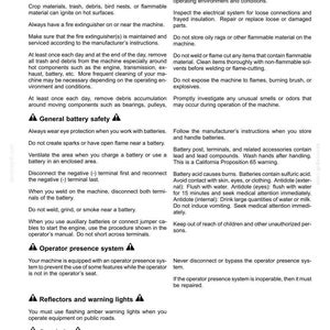 May include: A safety information page with headings and bullet points. Topics include fire and explosion prevention, general battery safety, operator presence system, reflectors and warning lights, and seat belts.