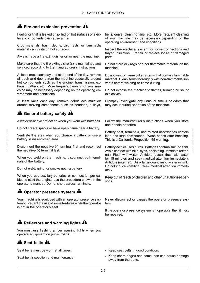 May include: A safety information page with headings and bullet points. Topics include fire and explosion prevention, general battery safety, operator presence system, reflectors and warning lights, and seat belts.