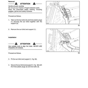 May include: A technical manual page titled SECTION 90 - PLATFORM, CAB, BODYWORK - CHAPTER 1, detailing the removal and installation of a sun blind. It includes numbered diagrams showing the sun blind, support, bolts, and plastic plugs.