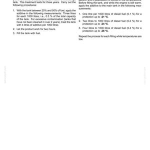 May include: A page from a maintenance manual with the title "7 - MAINTENANCE". The text describes storage tank treatments and specific treatments for cold climates, including measurements in liters and degrees Celsius.