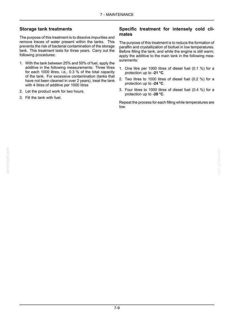 May include: A page from a maintenance manual with the title "7 - MAINTENANCE". The text describes storage tank treatments and specific treatments for cold climates, including measurements in liters and degrees Celsius.