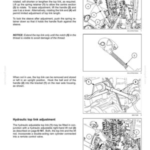 May include: A technical manual page titled 6-WORKING OPERATIONS detailing top link adjustment. It features four black and white line drawings of tractor components with numbered labels, explanatory text, and a notice regarding notch 5 visibility.