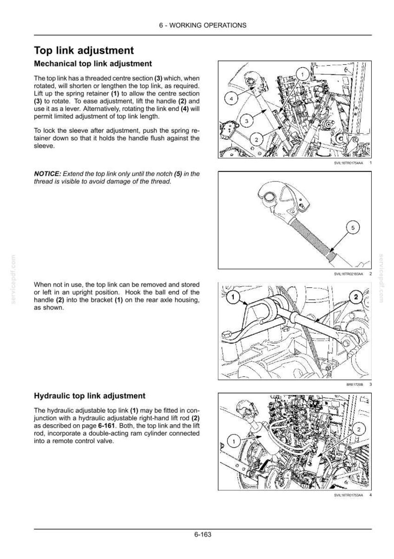 May include: A technical manual page titled 6-WORKING OPERATIONS detailing top link adjustment. It features four black and white line drawings of tractor components with numbered labels, explanatory text, and a notice regarding notch 5 visibility.
