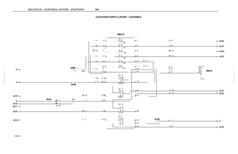 Puede incluir: Diagrama de un circuito de alimentaci&oacute;n de energ&iacute;a de la cabina, con l&iacute;neas, s&iacute;mbolos y etiquetas de texto. El diagrama est&aacute; etiquetado como "CAB POWER SUPPLY CIRCUIT - DIAGRAM 21" e incluye el texto "SECTION S5 - ELECTRICAL SYSTEM - CHAPTER 6".