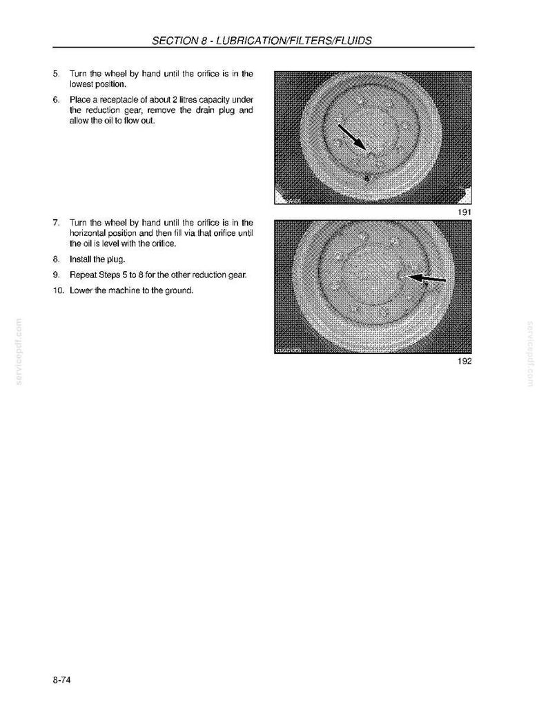May include: A page from a manual with the title "SECTION 8 - LUBRICATION/FILTERS/FLUIDS". The page includes numbered instructions and two circular diagrams with arrows. The diagrams show internal mechanical components.