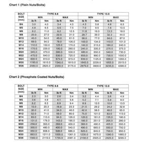 Pu&ograve; includere: Un grafico tecnico con dati di coppia per dadi e bulloni, che mostra le dimensioni dei bulloni in mm, i valori di coppia minimi e massimi in lb ft e Nm per bulloni di tipo 8.8 e 10.9. Include dati per dadi/bulloni semplici e fosfatati.