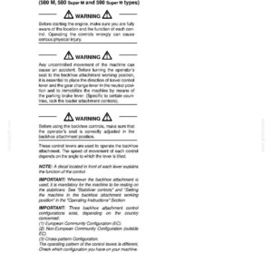 May include: A page from a manual detailing backhoe attachment controls for 580 M, 580 Super M, and 590 Super M types. The text includes safety warnings, operational instructions, and configuration details. The page is white with black text.