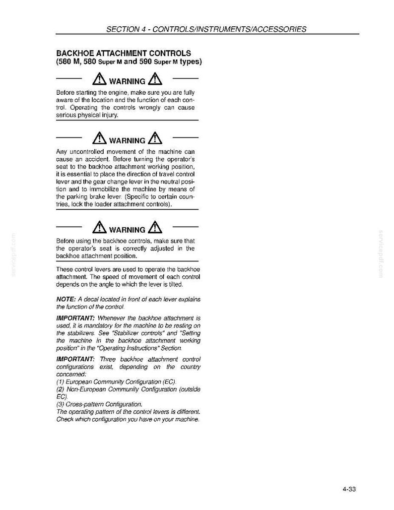 May include: A page from a manual detailing backhoe attachment controls for 580 M, 580 Super M, and 590 Super M types. The text includes safety warnings, operational instructions, and configuration details. The page is white with black text.