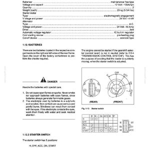 May include: A page from an engine manual, detailing the electrical system. It includes specifications for batteries, the starter motor, and alternator. A diagram of a starter switch with positions: H, OFF, ACC, ON, START.