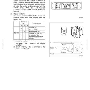 May include: A technical document page titled Air Conditioner System E215B-E245B, detailing the structure and operation of the control panel and blower controller. It includes a continuity table, a diagram of a transistor, and a circuit schematic.