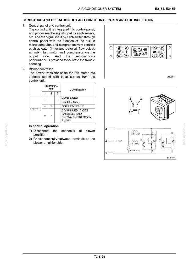 May include: A technical document page titled Air Conditioner System E215B-E245B, detailing the structure and operation of the control panel and blower controller. It includes a continuity table, a diagram of a transistor, and a circuit schematic.