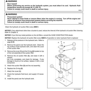 Puede incluir: Diagrama de un filtro de succi&oacute;n de aceite hidr&aacute;ulico con componentes numerados. La imagen incluye advertencias sobre riesgos de quemaduras y sistemas presurizados. Las instrucciones detallan el mantenimiento del filtro.